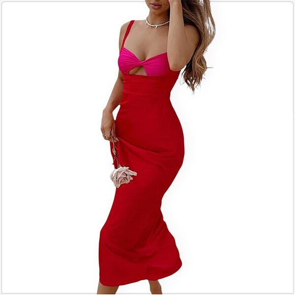 RNWY Syndey Runaway The Label Kelsi Midi Dress Colorblock Slip Red Pink NWT 10 - Picture 1 of 7